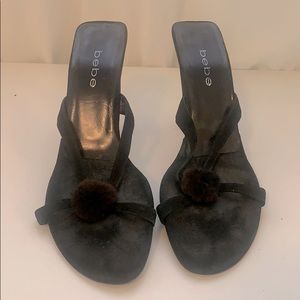 Bebe Suede heeled sandal w/ pom pom detail size 10